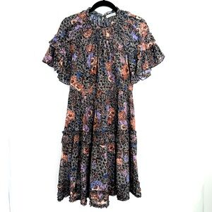 ULLA JOHNSON Midi Ruffle Floral Delia Dress size 4/6 flowy black purple flutter
